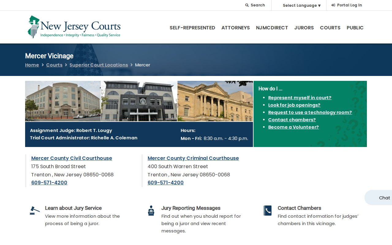 Mercer County criminal court case locations on the Mercer Vicinage page