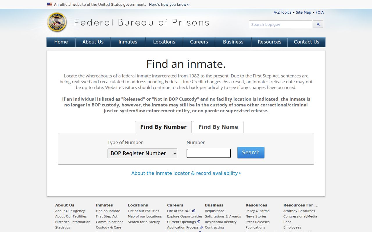 Federal Bureau of Prisons inmate locator search for federal custody