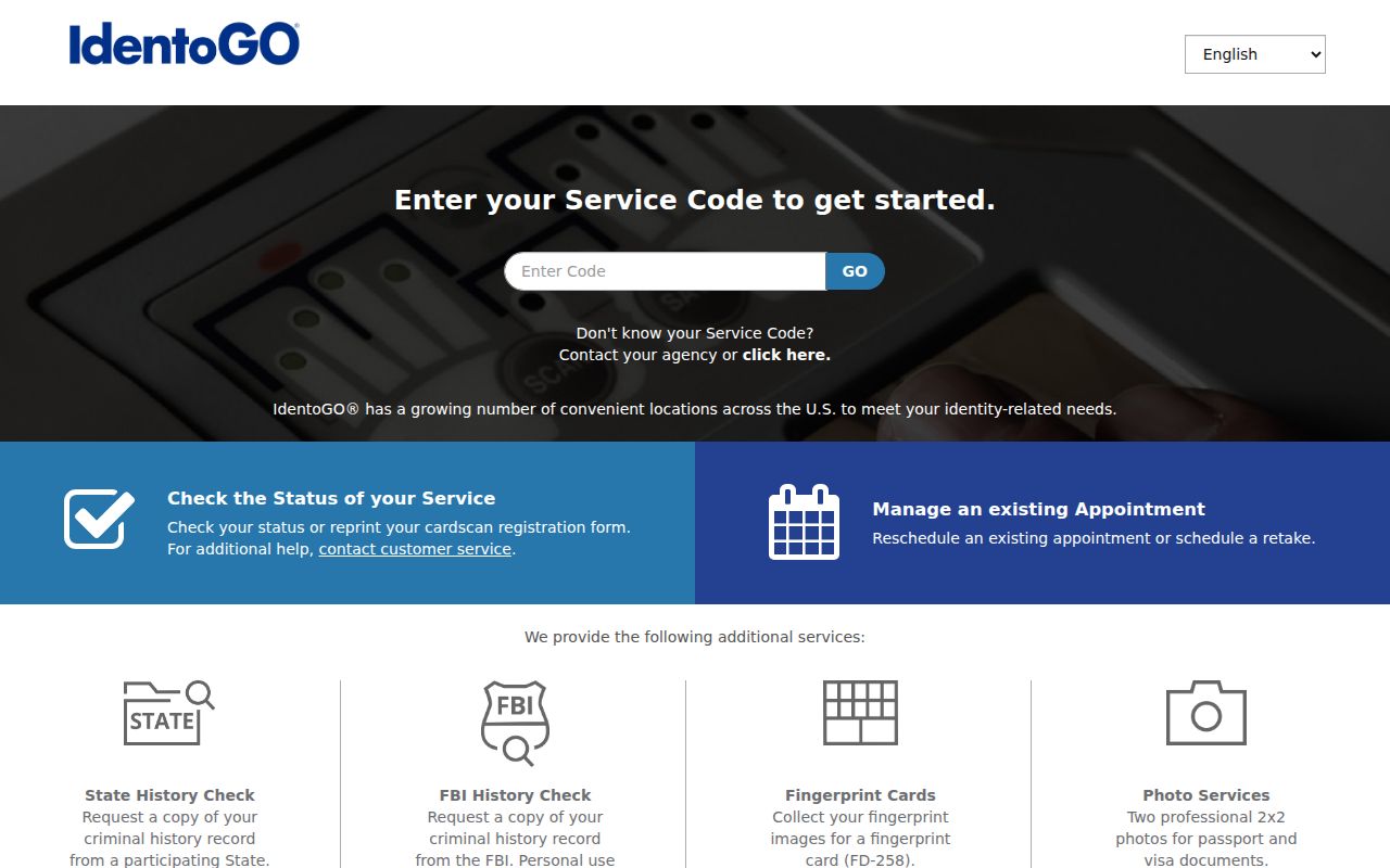 New Jersey IdentoGO fingerprint appointment service code screen
