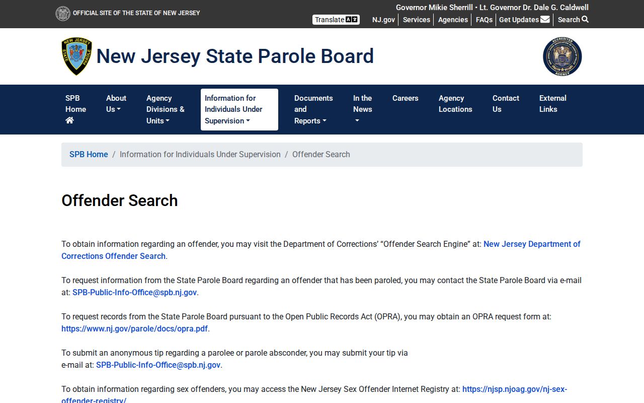 New Jersey parole and corrections offender information routing page