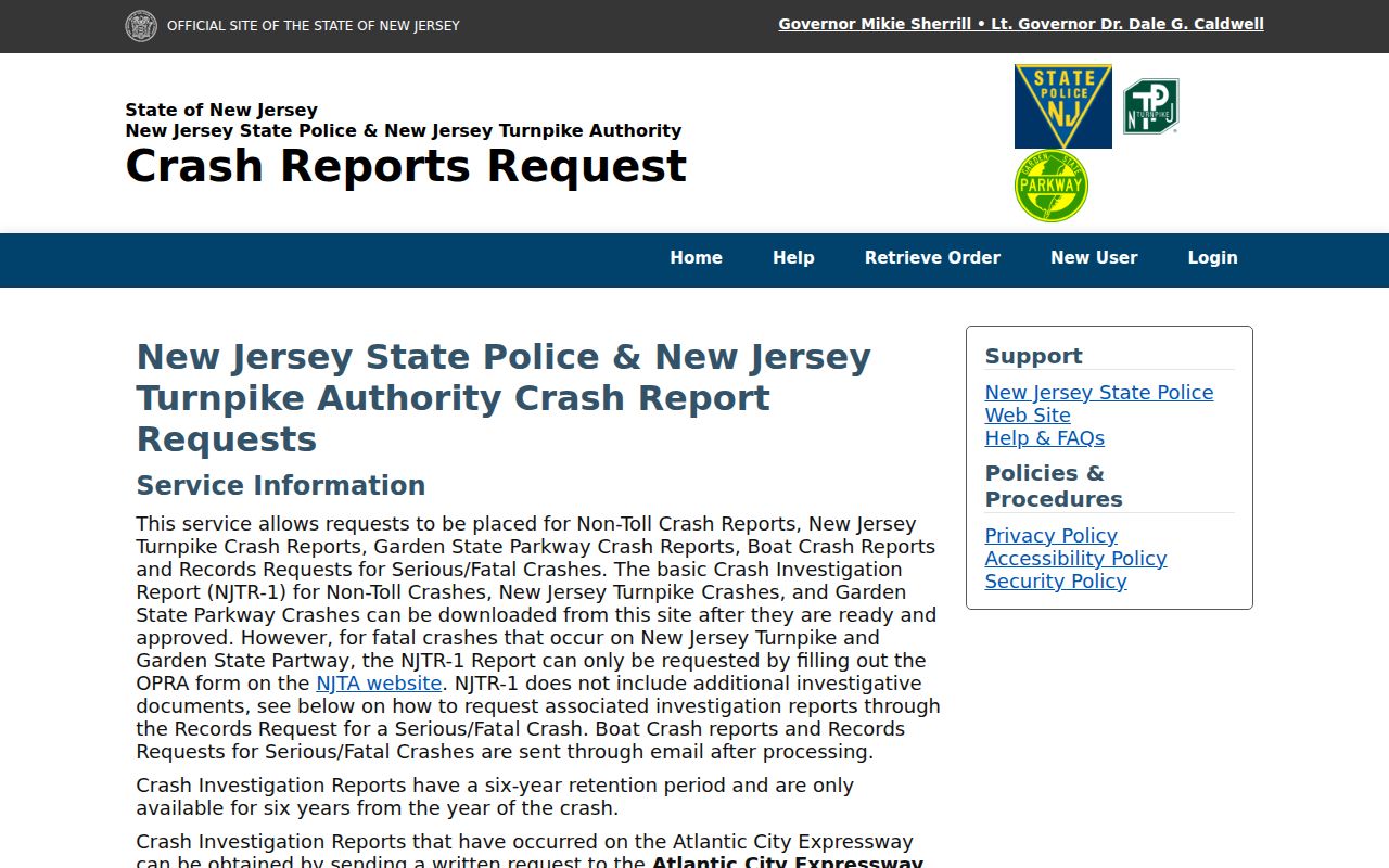 New Jersey State Police official crash report request portal